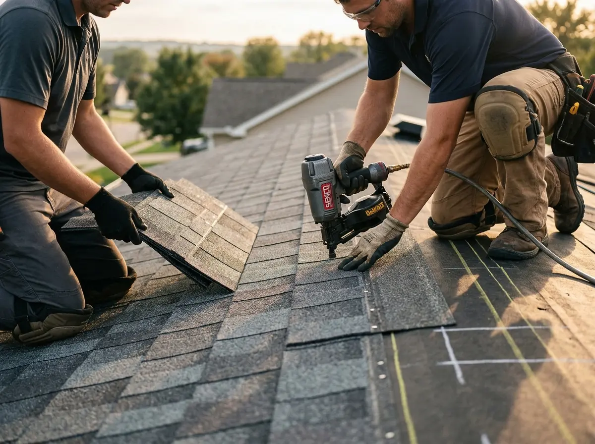 Professional roofer working on a residential roof in Wall